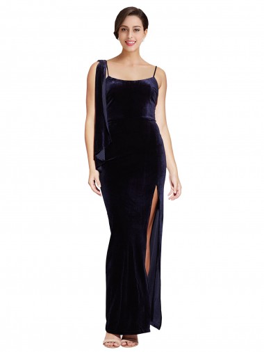 Outlet Long Velvet Prom Dress with Side Thigh Split and Shoulder Tie UK