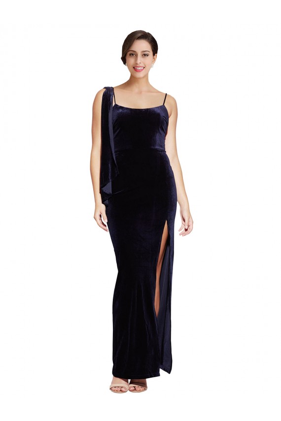 Outlet Long Velvet Prom Dress with Side Thigh Split and Shoulder Tie UK