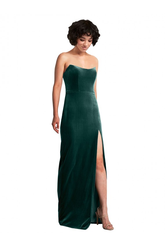 Outlet Scooped Strapless Long Velvet Prom Dress with Daring Side Slit UK